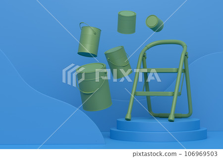 Abstract scene with folding ladder, bucket and paint roller on monochrome Abstract scene with folding ladder, bucket and paint roller on monochrome 106969503