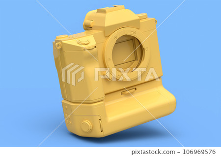 Concept of nonexistent gold DSLR camera isolated on blue monochrome background. Concept of nonexistent gold DSLR camera isolated on blue monochrome background. 106969576