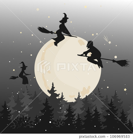 Black silhouette of a young witches and wizards flying on broom above the forest in the night sky. Vector clip art for Halloween Party. 106969583