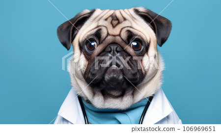 A dog with glasses, a stethoscope and a doctor's suit on a blue background.  106969651