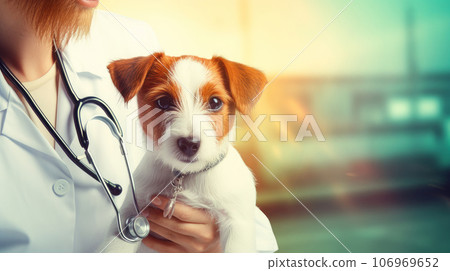 Doctor veterinarian examines a dog in an examination room in a clinic, close-up. Doctor veterinarian examines a dog in an examination room in a clinic, close-up. 106969652