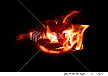Halloween pumpkin fire smile and scary eyes for party night. View of scary Halloween pumpkin with 106969720
