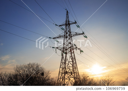 Power line support with wires for electricity transmission. High voltage grid tower with wire cable. 106969739