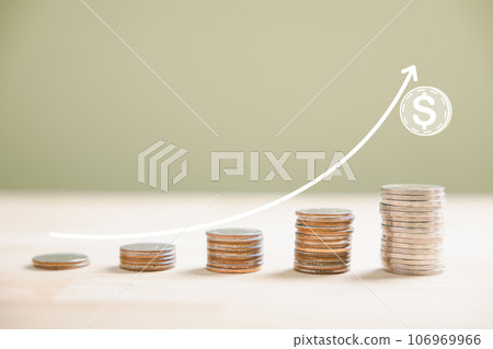Financial world thrives as silver coins assemble into stack by an ascending trading chart arrow, embodying investment in business stock growth. Leaps in technology shape the scene. money saving graph 106969966
