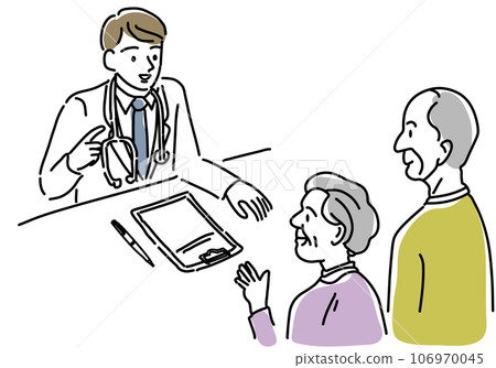 An elderly couple receiving an explanation from a male doctor An elderly couple receiving an explanation from a male doctor 106970045