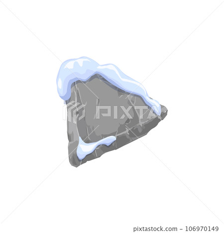 Stone board with snowdrift, vector triangle shape frame, frozen rock pointer banner with cracked, winter direction block 106970149