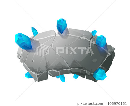 Arch stone board with blue shiny crystals, rock banner with cracked, vector arc rectangle frame, interface block boulder Arch stone board with blue shiny crystals, rock banner with cracked, vector arc rectangle frame, interface block boulder 106970161
