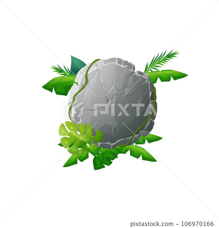 Stone board with dracaena leaves liana, rock round banner with cracked, vector circle shape frame, ring block boulder Stone board with dracaena leaves liana, rock round banner with cracked, vector circle shape frame, ring block boulder 106970166