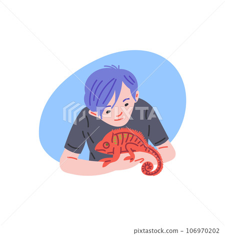 Boy is looking on red guana, cartoon chameleon lizard crawls along the owner's hand, vector pet reptile exotic animal 106970202