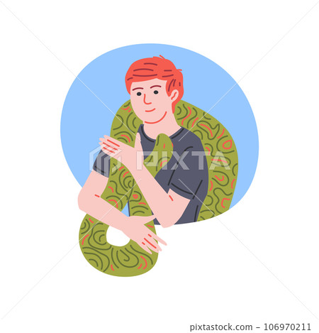 Man with snake around neck smiles and looks at green python, vector flat isolated owner of exotic domestic pet reptile 106970211