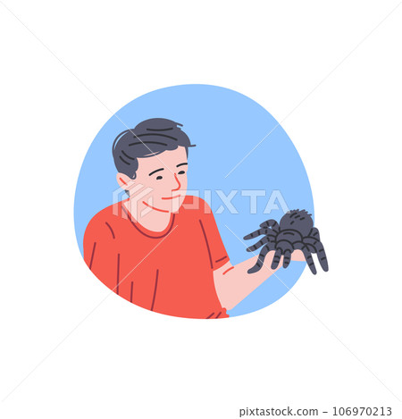 Man holds on hand black fluffy spider, owner with tarantula, vector pet reptile or home insect animal, exotic arachnid 106970213