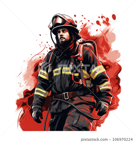 emergency, cartoon, fire, illustration, fireman, firefighter, rescue, safety, hose, helmet, profession, fighter, job, professional, uniform, man, water, hero, occupation, service, equipment, danger 106970224