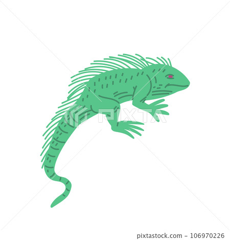 Green guana, hand drawn lizard character, side view isolated, childish flat pet reptile animal, exotic crawling mammal 106970226