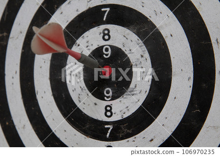 Dart board with red arrow hitting target 106970235