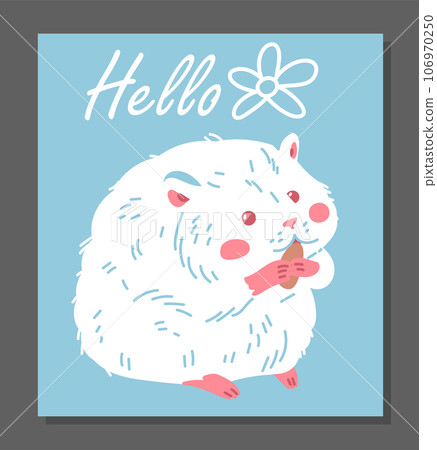 Cute white hamster gnawing on a seed, funny fluffy pet, vector small adorable home animal with lettering Hello on blue Cute white hamster gnawing on a seed, funny fluffy pet, vector small adorable home animal with lettering Hello on blue 106970250