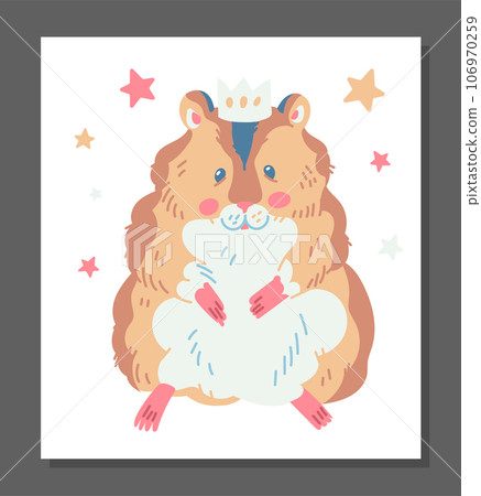 Cute ginger hamster with white belly looks with curiosity, fluffy pet vector cartoon illustration, small home animal 106970259