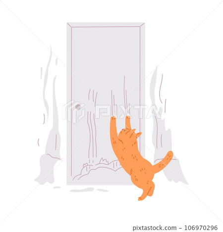 Pet mess in a room, disorder and destruction by naughty ginger cat, scratched door wallpaper, vector bad kitten behavior Pet mess in a room, disorder and destruction by naughty ginger cat, scratched door wallpaper, vector bad kitten behavior 106970296