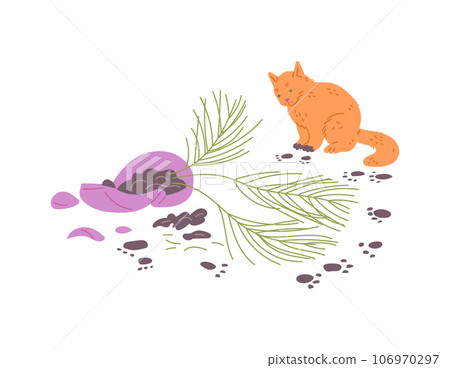 Ginger cat knocked over flower pot, fallen pot with flower, disorder from pet, vector cartoon pet mess, dirty footprints Ginger cat knocked over flower pot, fallen pot with flower, disorder from pet, vector cartoon pet mess, dirty footprints 106970297