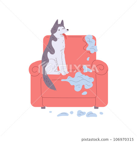 Pet mess, disorder and destruction by naughty dog, damaged and scratched armchair, vector cartoon bad canine behavior 106970315