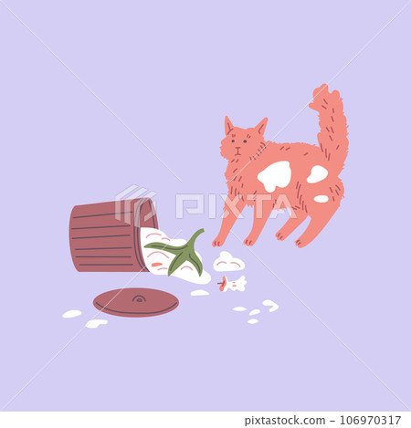 Pet mess and clutter, overturned trash can, scattered garbage, naughty ginger cat bad behavior vector illustration Pet mess and clutter, overturned trash can, scattered garbage, naughty ginger cat bad behavior vector illustration 106970317