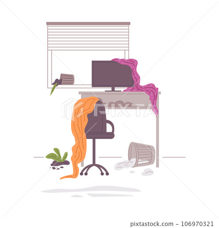 Pet mess near the computer desk, disorder and destruction naughty cat or dog, vector damaged curtain, rubbish scattered 106970321