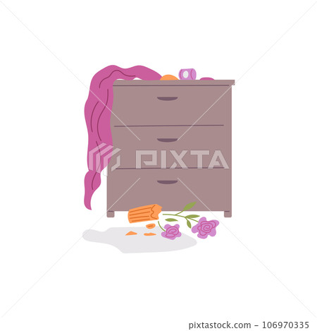 Pet mess, overturned broken vase of flowers and curtain on chest of drawers, vector clutter disorder from play cat, dog Pet mess, overturned broken vase of flowers and curtain on chest of drawers, vector clutter disorder from play cat, dog 106970335