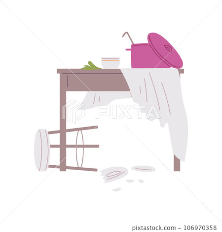 Pet mess overturned chair, broken plate, dining table with pan and torn tablecloth, clutter disorder vector illustration Pet mess overturned chair, broken plate, dining table with pan and torn tablecloth, clutter disorder vector illustration 106970358