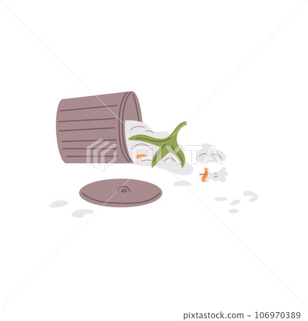 Pet mess and chaos, overturned trash can, scattered garbage, naughty mischievous dog or cat behavior vector illustration 106970389