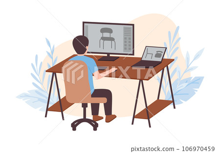 Designer make furniture design, vector man in studio with computer and laptop constructs models for furniture production Designer make furniture design, vector man in studio with computer and laptop constructs models for furniture production 106970459