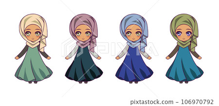 Anime-style deformed full-body illustration set of Muslim girl characters Anime-style deformed full-body illustration set of Muslim girl characters 106970792