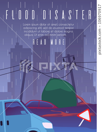Flood disaster banner with the consequences of flood or typhoon, flat vector. 106970917