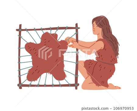 Primitive cave woman treats animal skin, raw materials for clothing, survival in the wild vector Stone age illustration 106970953