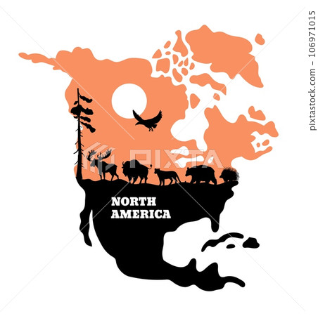 Map of North America, wild animals silhouette, flat vector illustration isolated on white background. 106971015