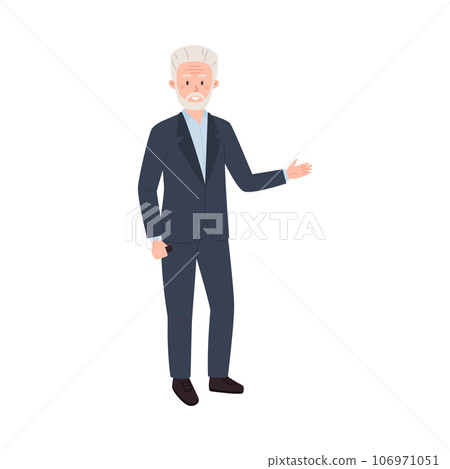 Senior man in suit explaining, showing, presenting, business mentor, coach expert teacher lecturer vector illustration 106971051