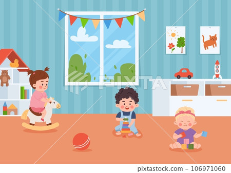 Babies play toys and educational games in kindergarten flat vector illustration. 106971060