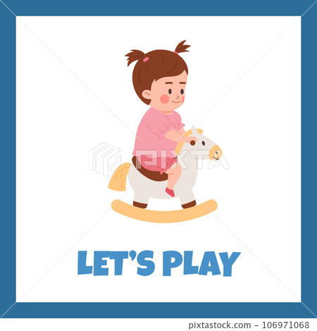 Lets play poster or card with child rocking on toy horse, vector illustration. 106971068