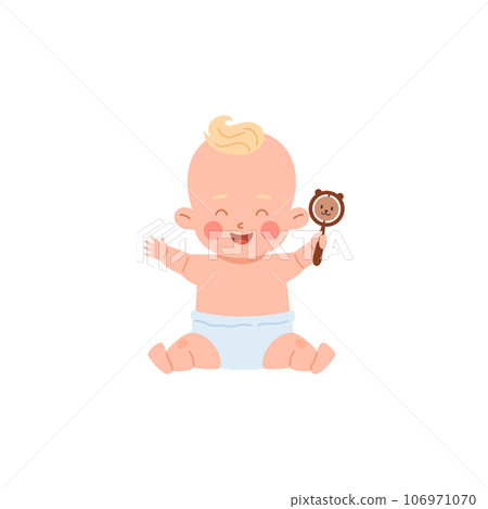 Baby in diaper playing with rattle toy flat vector illustration isolated. Baby in diaper playing with rattle toy flat vector illustration isolated. 106971070