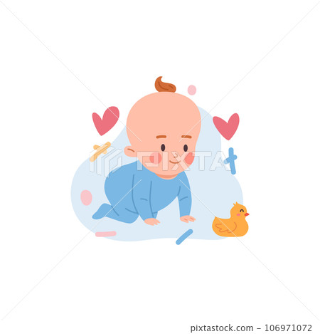 Baby toddler playing toys and beginning to crawl flat vector illustration isolated. 106971072