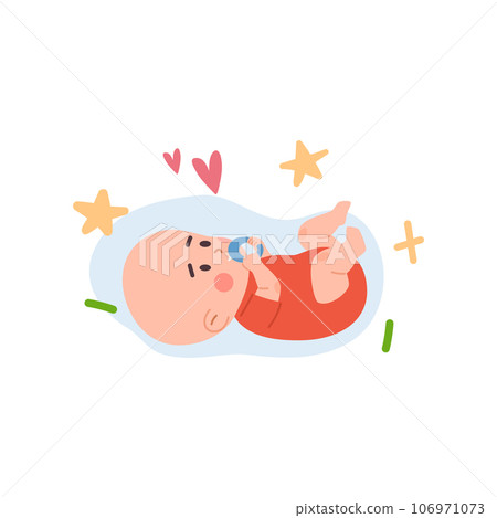 Baby gnaws on a teething toy ring lies on its back, flat vector isolated. 106971073