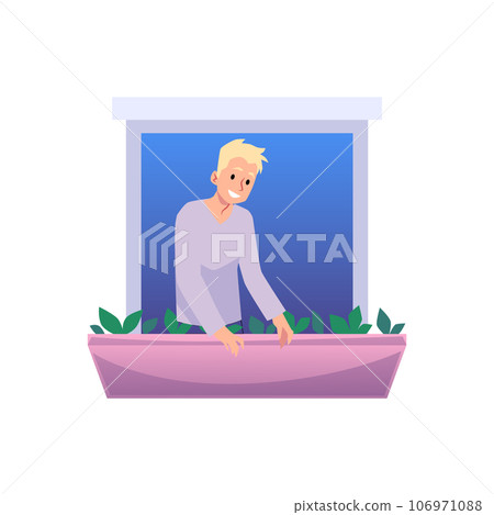 Happy smiling blonde man looking out open window flat style 106971088