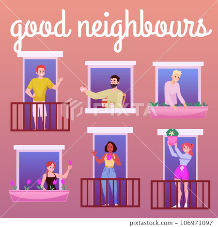 Young men and women in open house window, balcony talking and reaching out to neighbors, vector flat good neighbourhood 106971097
