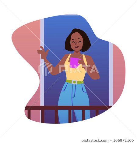 Young woman on the balcony with teacup, neighbourhood cartoon female character enjoys cup of coffee vector illustration 106971100