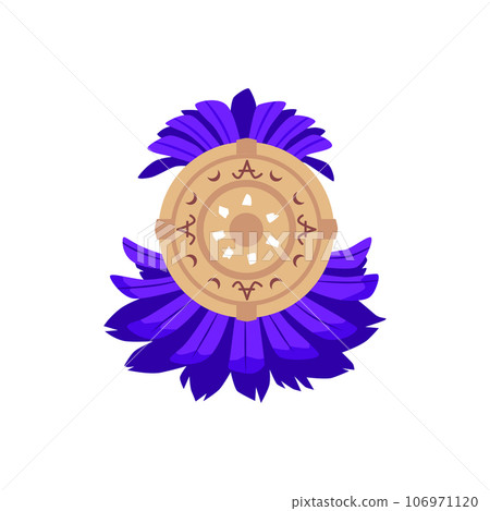 Round shield with ornaments and blue feathers flat style Round shield with ornaments and blue feathers flat style 106971120