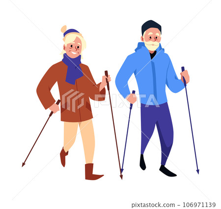 Elderly couple practicing Nordic walking flat vector illustration isolated. 106971139