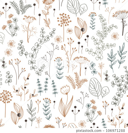 Autumn abstract seamless pattern. Minimal floral elements background, dry herbs design vector. Autumn abstract seamless pattern. Minimal floral elements background, dry herbs design vector. 106971288
