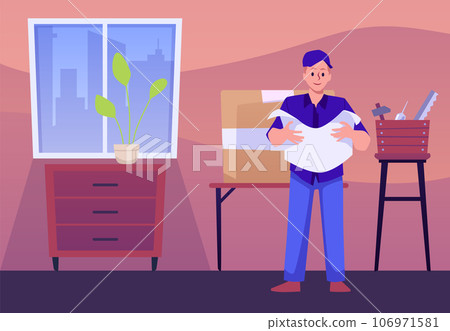 Craftsman reading manual of assembly furniture, flat vector illustration. 106971581