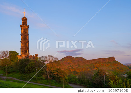 Nelson Monument And Arthur Seat In Edinburgh Nelson Monument And Arthur Seat In Edinburgh 106971608