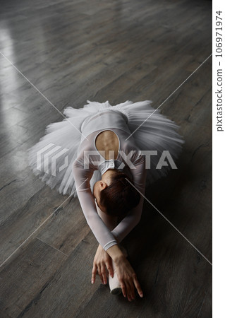 Young graceful ballerina dressed tutu posing on floor while training in studio 106971974