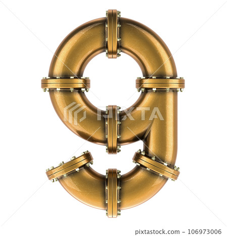 Number 9 from copper, bronze or brass pipes, 3D rendering Number 9 from copper, bronze or brass pipes, 3D rendering 106973006