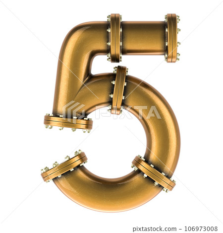 Number 5 from copper, bronze or brass pipes, 3D rendering Number 5 from copper, bronze or brass pipes, 3D rendering 106973008